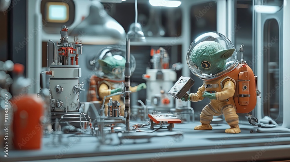 Poster alien scientists conduct experiments in space lab
