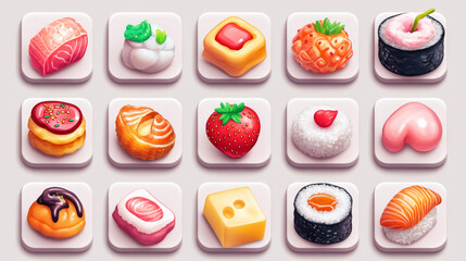Square buttons with texture of food, waffle, strawberry, cheese and seafood. Vector cartoon set of glossy icons from salmon, meat, tuna and donut with sprinkles isolated on background