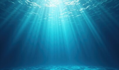 Obraz premium Experience the tranquil beauty of underwater light rays illuminating the deep blue ocean, perfect for themes related to nature, relaxation, and marine exploration.