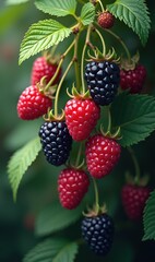 Freshly harvested red and black raspberries hanging from lush green leaves, showcasing vibrant colors, perfect for food, health, and organic lifestyle themes.