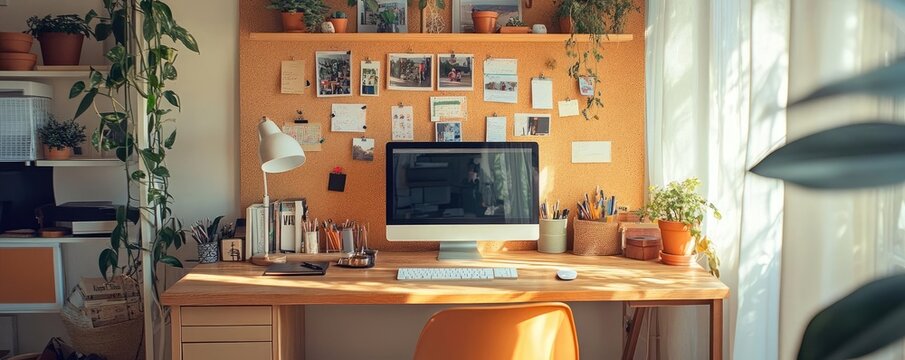 A desk with a corkboard full of photos and notes, personalizing the workspace