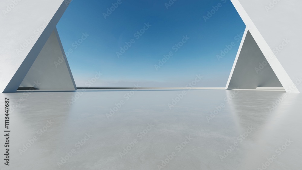 Poster 3d render of abstract modern concrete architecture with empty cement floor, minimal exterior, car pr