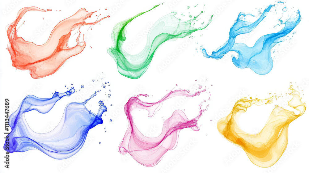 Poster splashes of liquid paints with swirls and drops isolated on transparent background. vector realistic
