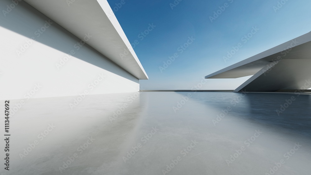 Poster 3d render of abstract modern concrete architecture with empty cement floor, minimal exterior, car pr