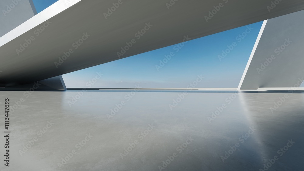 Poster 3d render of abstract modern concrete architecture with empty cement floor, minimal exterior, car pr