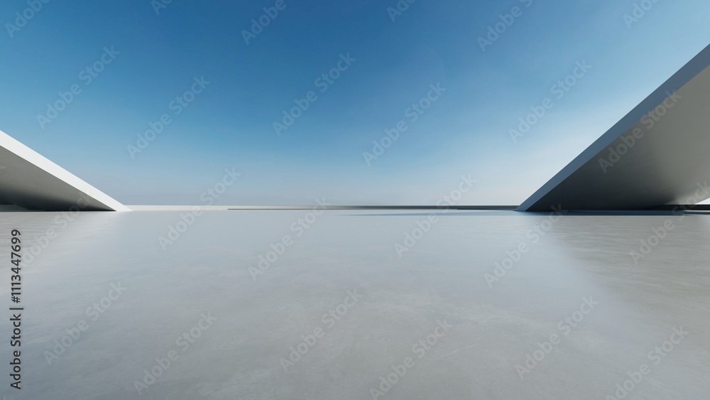 Poster 3d render of abstract modern concrete architecture with empty cement floor, minimal exterior, car pr