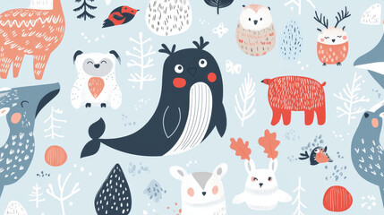 North Pole animal owl, whale and winter reindeer cute vector character. Arctic polar cartoon wildlife collection isolated on white background. Cold Alaska deer set for northeast zoo with species.