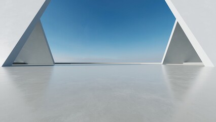 Fototapeta premium 3d render of abstract modern concrete architecture with empty cement floor, minimal exterior, car presentation background