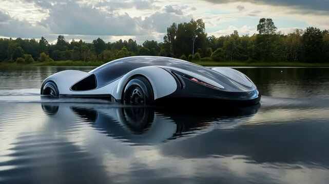 A sleek amphibious car transitions from a lake onto a road, demonstrating advanced engineering for vehicles that operate on both water and land.