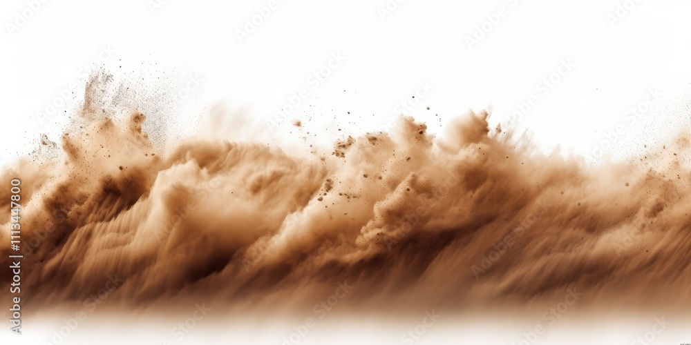 Poster dynamic capture of dust explosion in sandy environment with dramatic swirls and clouds of fine parti