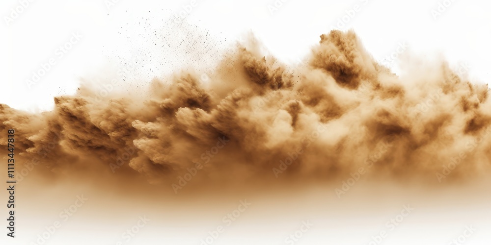 Poster dramatic scene of sand explosion creating billowing clouds of dust against a bright white background