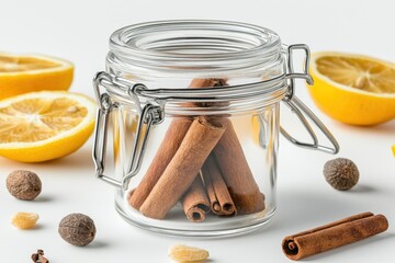 Small Jar Filled with Aromatic Cinnamon and Spices on Table