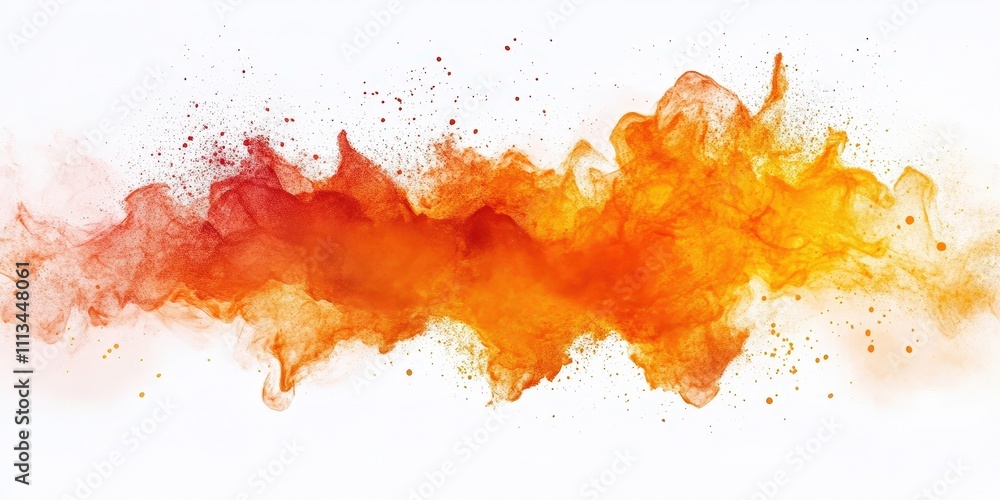 Poster bright orange explosion of powder on a white background creating a chaotic and vibrant artistic disp