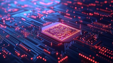 Obraz premium ฺBackground technology trends, A vibrant close-up of a microchip on a circuit board, showcasing intricate patterns and glowing elements in a futuristic design.