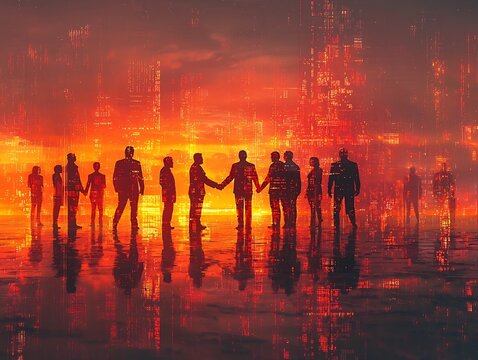 A virtual meeting of futuristic corporate avatars shaking hands in a dynamic  colorful cityscape