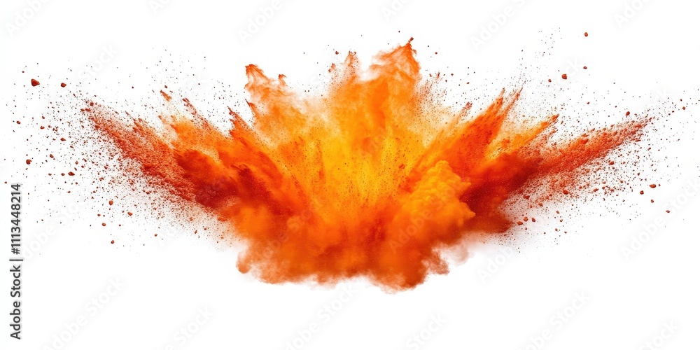 Poster dramatic orange powder explosion creating chaos on a white background with splashes and dust particl