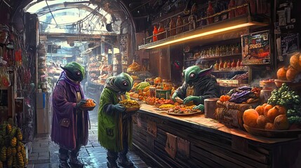 Obraz premium Alien Merchants Selling Produce In A Covered Market