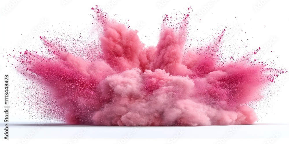 Poster dynamic pink powder explosion on a white background creating a chaotic and vibrant display of colorf