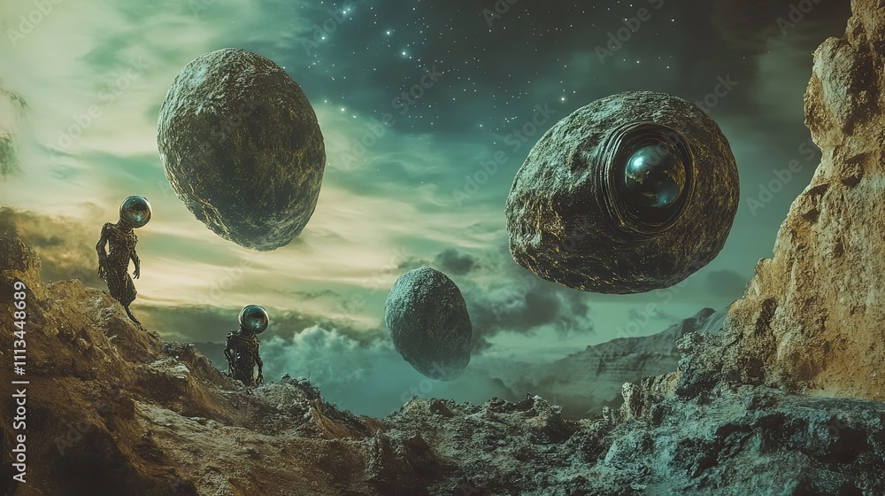 Poster alien explorers observe floating rocks in an eerie landscape