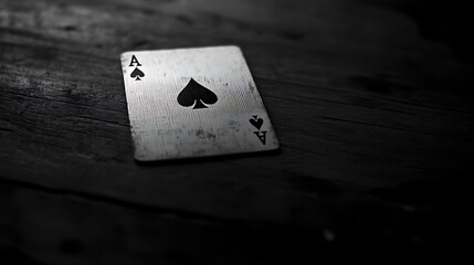 Ace of Spades playing card on dark wood.