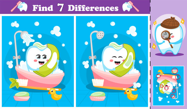 A delightful spot-the-differences puzzle featuring a cheerful tooth character enjoying a bubbly bath. This vibrant illustration is perfect for kids and families, promoting dental hygiene