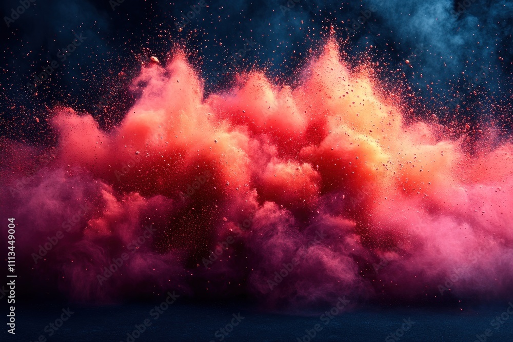 Poster Red Powder Explosion Against Dark Background Vibrant Color Burst Dynamic Abstract Expressionism