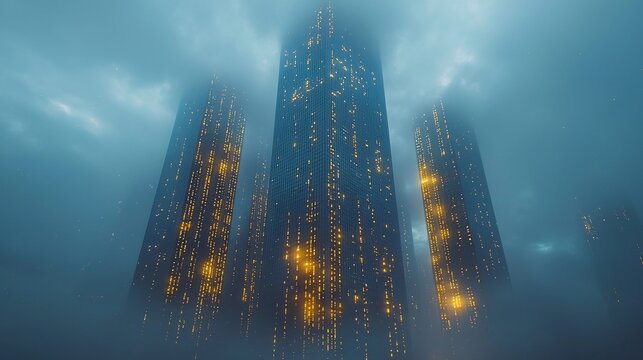 Futuristic Corporate Tower Illuminated by Digital Code Lights Representing Tech Innovation and Digital Business