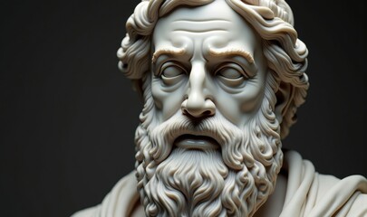 A detailed and expressive marble bust of a wise man, representing philosophy and knowledge, ideal for educational or cultural themes.