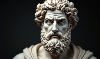 Obraz premium A striking close-up of a classical statue, showcasing intricate details of a bearded figure. Ideal for themes of history, art, philosophy, or culture.
