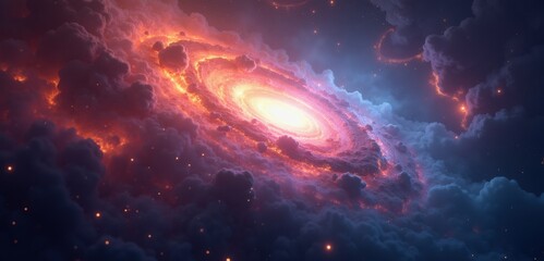 Captivating cosmic scene featuring a vibrant galaxy amidst swirling clouds of color, perfect for science, technology, and creative industries.