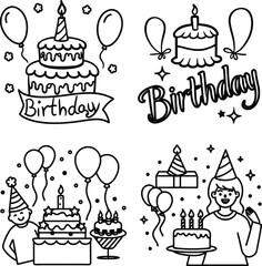 bundle happy birthday line art and illustrator eps
