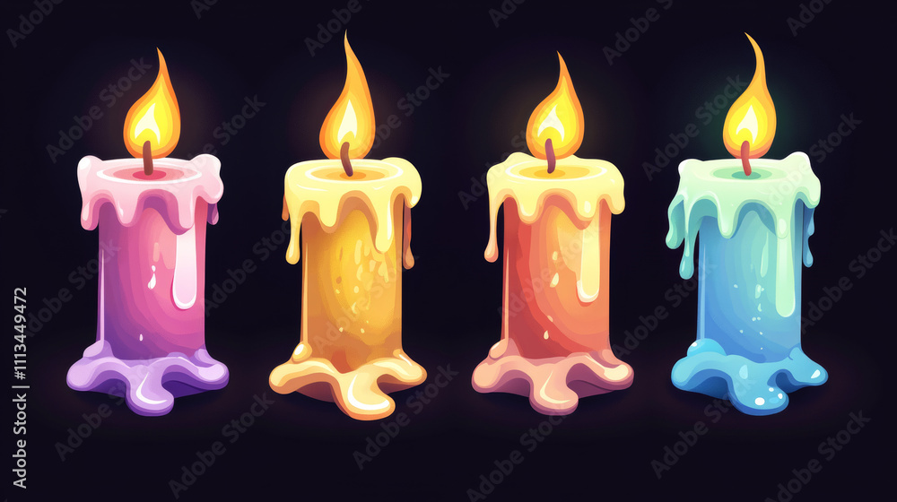 Poster cartoon burning candles in candlestick motion sequence animation, sprite movement, glowing lights wi