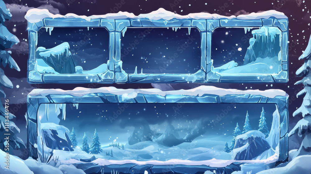 Poster game streaming overlay panels and buttons with ice texture and snow. template of webcam video app de