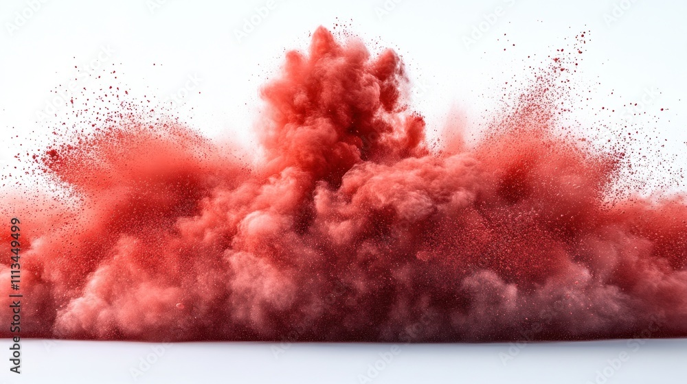Poster red powder explosion on white background abstract art effect red fog smoke dust cloud