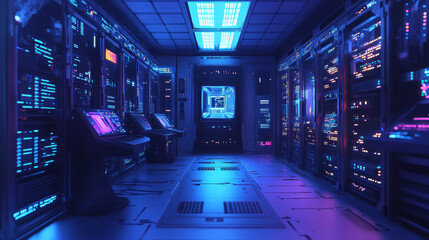 Vector cartoon interior of future data center room with server hardware and hologram of processor. Concept of bigdata technology, cloud information base, artificial intelligence