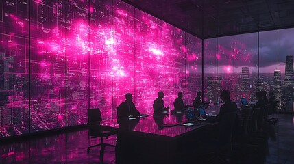 Corporate Meeting Room with Holographic Global Currency Display for International Investment Planning