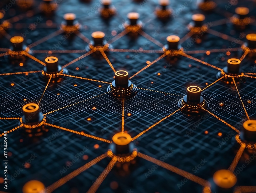 Poster interconnected digital nodes symbolizing modern corporate networks and business structures