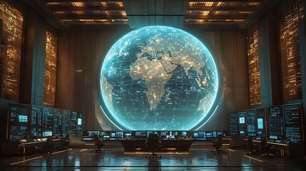 Futuristic Corporate Strategy Room with Globe shaped Digital Dashboard for Business Intelligence Analysis