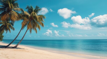 Fototapeta premium Enjoy the tranquility of a coastal paradise with swaying palm trees and a serene azure ocean view This idyllic tropical landscape invites you to escape relax and soak up the sun in a picturesque