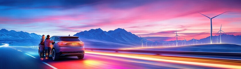 Fototapeta premium A vibrant sunset scene with a car parked on a road, wind turbines in the background, and colorful skies reflecting a serene atmosphere.