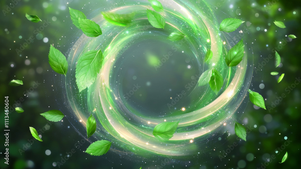 Poster abstract wind swirls with green leaves and sparkles isolated on transparent background. vector reali
