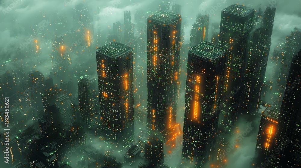 Poster futuristic city powered by quantum technology with glowing skyscrapers symbolizing a quantum driven 