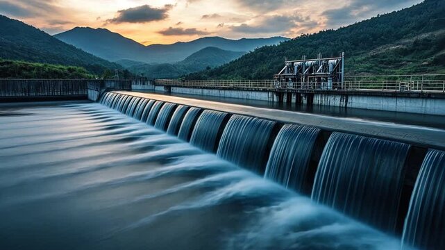 A serene view of a hydroelectric dam, where water rushes through the sluice gate in a long exposure image, showcasing the blend of technology and nature.