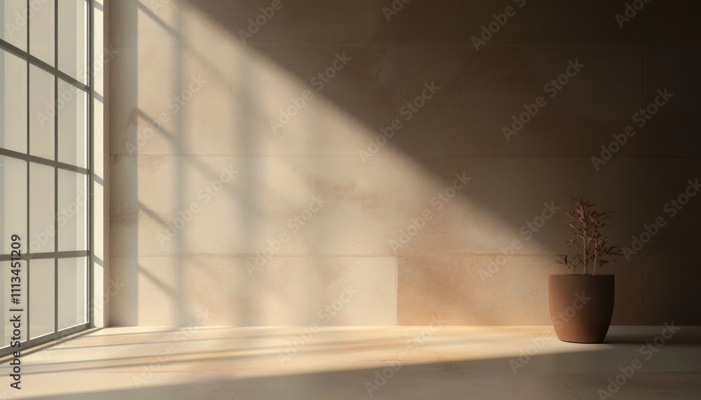 Poster minimalist studio room with brown background, soft light and shadows, tabletop display for product p