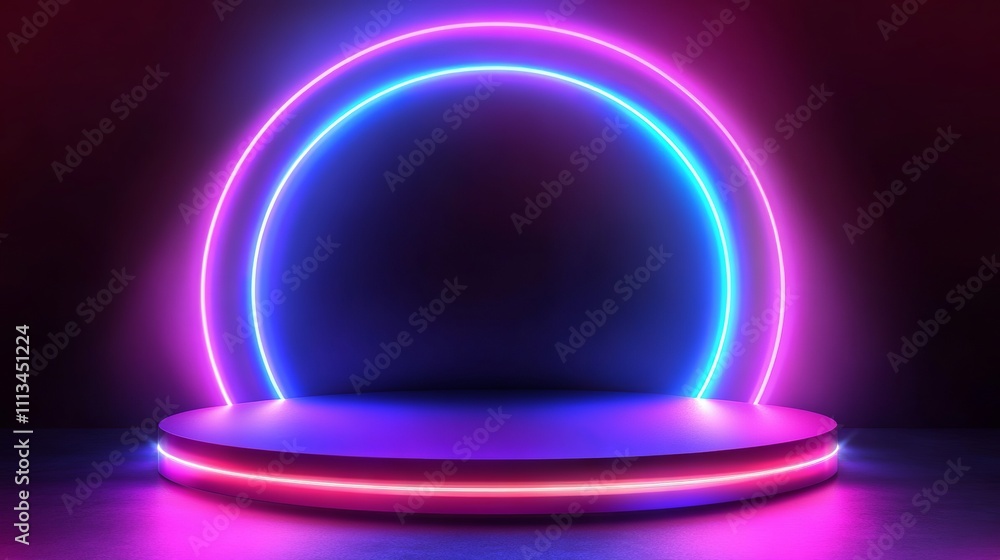 Poster futuristic neon show light podium with glowing illumination in a high-tech sci-fi background – perfe