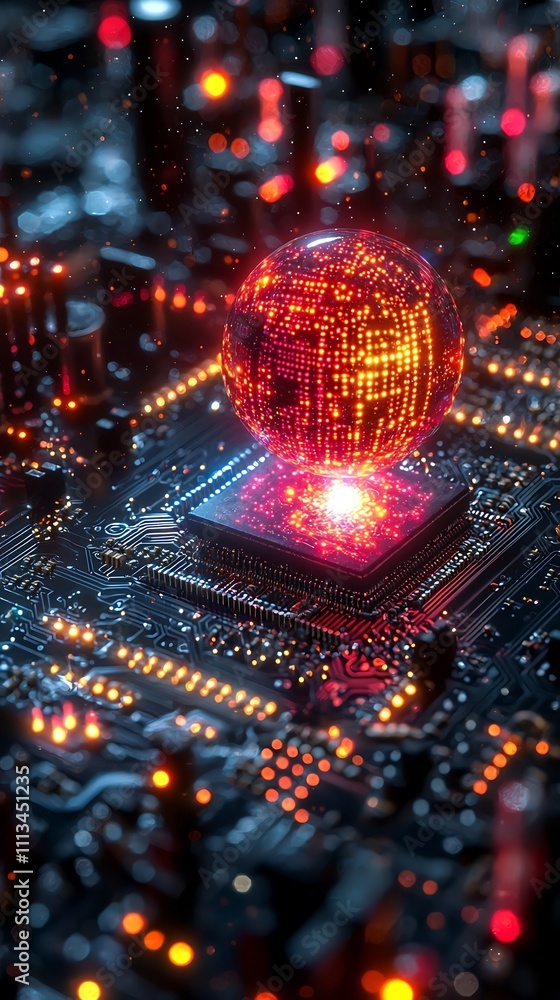 Aufkleber quantum processor surrounded by holographic orbs showcasing parallel universes and quantum superposi
