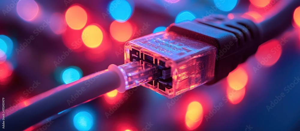 Poster closeup of an ethernet cable connector with a blurred background of red and blue lights.