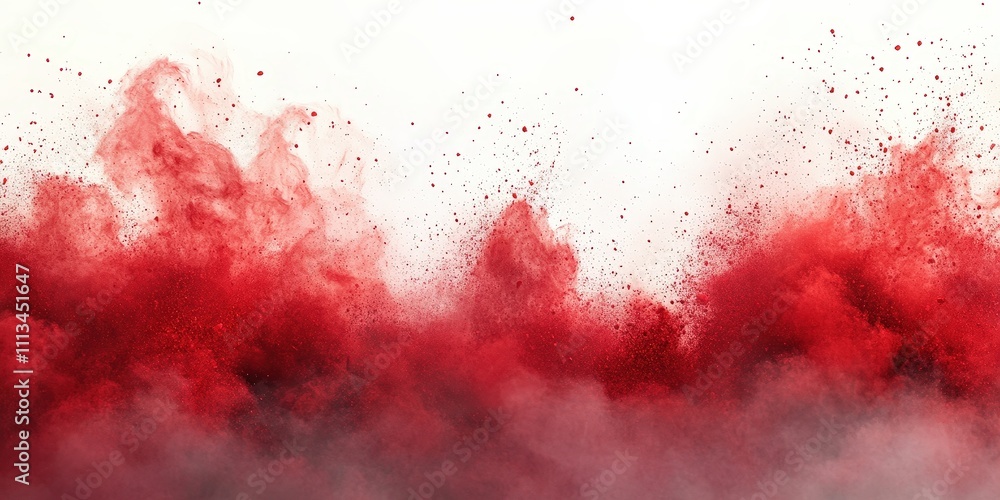Poster dramatic red explosion of powder creating chaotic scene on soft white background with vibrant textur