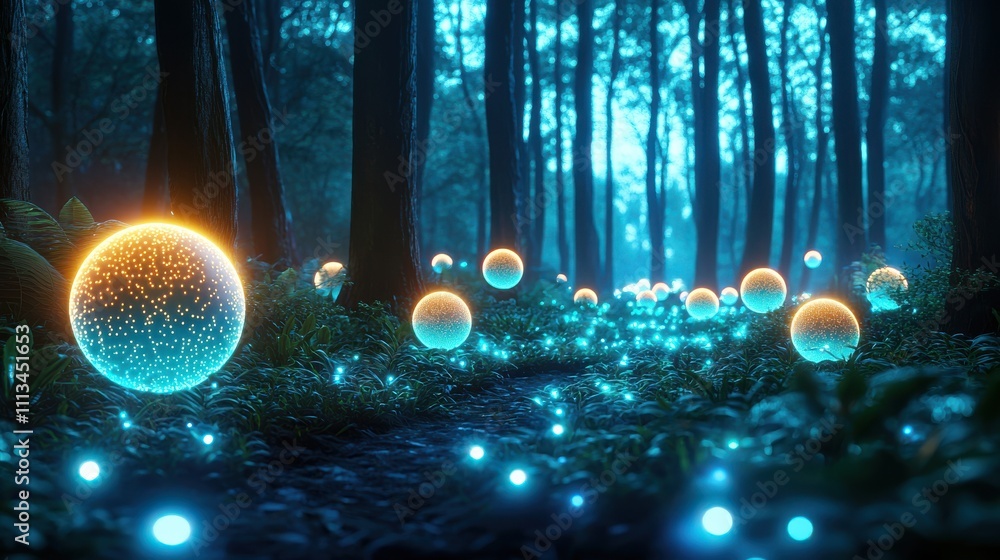Poster a mystical forest scene illuminated by glowing orbs, creating an enchanting atmosphere with ethereal
