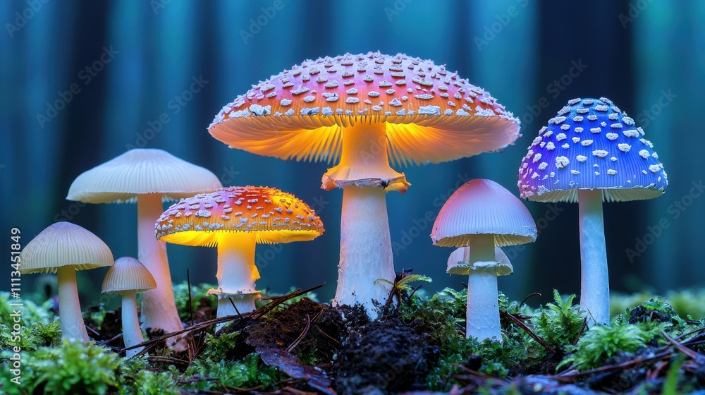 Poster a vivid cluster of colorful mushrooms glowing softly in a lush forest setting, showcasing intricate 